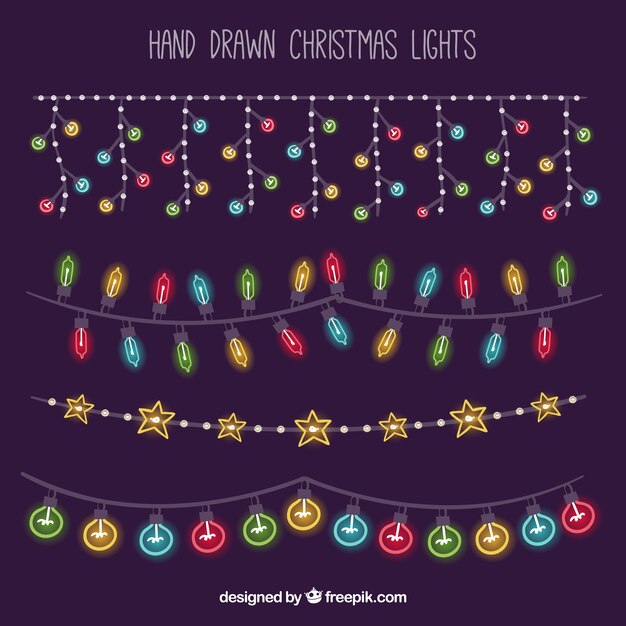 Luces de navidad dibujadas a mano sobre un fondo púrpura