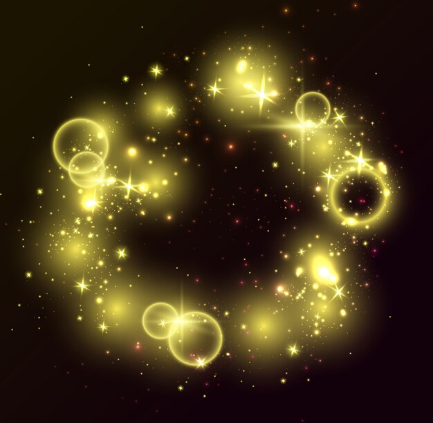 Luces De Oro, Fondo Negro. Brillantes Elementos Brillantes, Estrellas Brillantes, Anillos