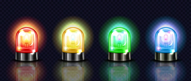 Luces de sirena de luces de alarma rojas, amarillas o verdes y azules o policías y ambulancias