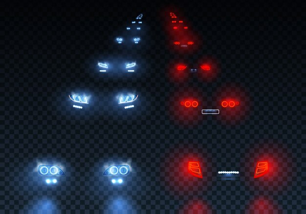 Luces de tráfico de bengalas de automóviles con luces de cruce de cruce con reflejos en la ilustración transparente
