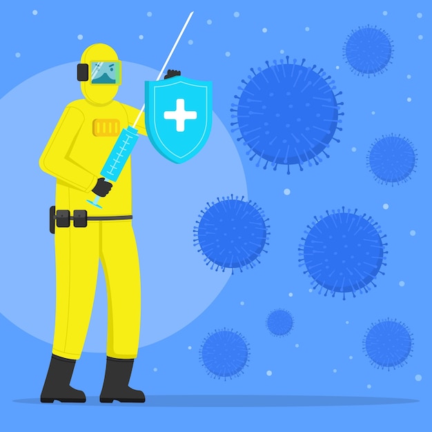 Lucha contra la jeringa y el escudo del virus