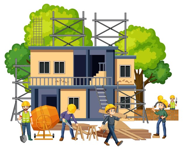 Lugar de construcción aislado con trabajadores