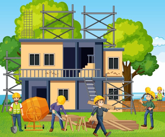 Lugar de construcción con trabajadores
