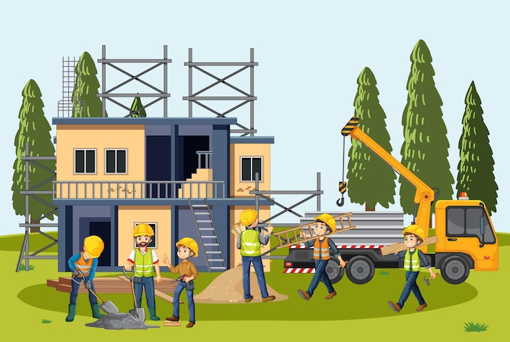Vector gratuito lugar de construcción con trabajadores