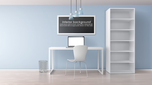 Vector gratuito lugar de trabajo en casa en la habitación del apartamento interior minimalista 3d realista vector maqueta. marco de pintura con texto de muestra debajo de la mesa de trabajo con computadora portátil, silla y estante con ilustración de estantes vacíos