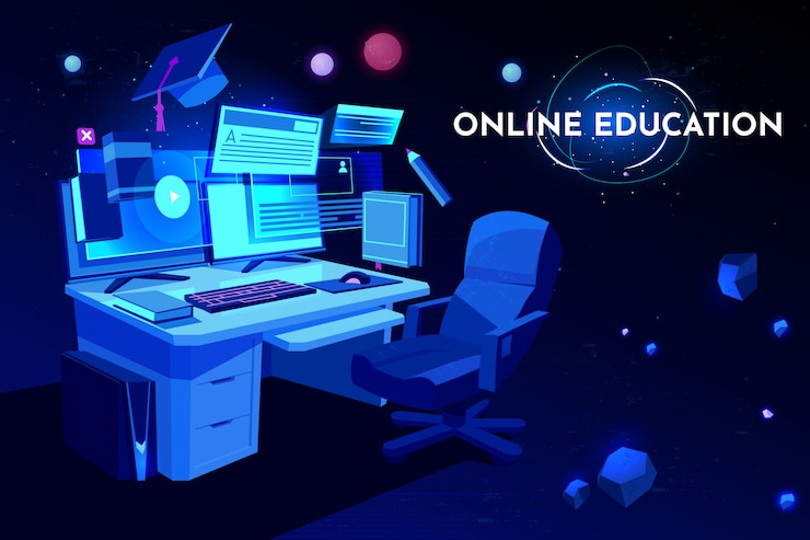 Vector gratuito lugar de trabajo para estudiantes de educación en línea con mesa de computadora, monitor de pc y sillón, escritorio de trabajo en casa