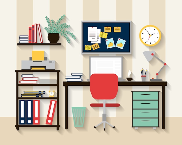 Lugar de trabajo en el interior de la habitación del gabinete. Ordenador portátil y mesa, silla y reloj, lámpara y comodidad.