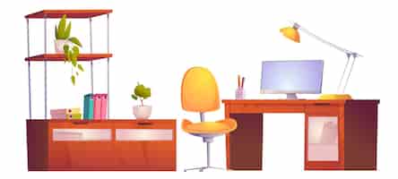 Vector gratuito lugar de trabajo de oficina o hogar con silla de monitor de escritorio