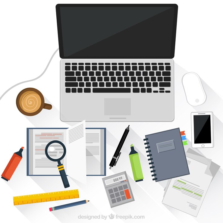 Vector gratuito lugar de trabajo con un ordenador portátil