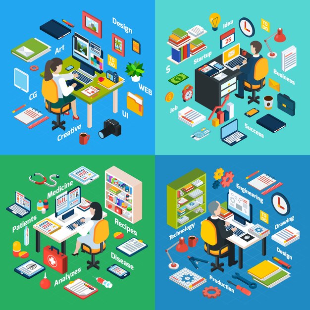 Lugar de trabajo profesional iconos isométricos cuadrados