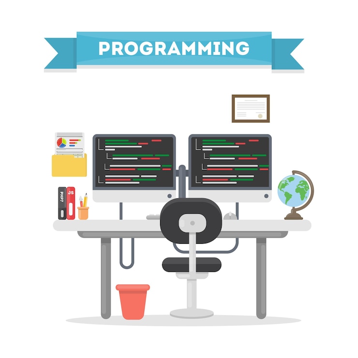 Vector gratuito lugar de trabajo de programación escritorio con dos documentos y libros de pantalla de computadora