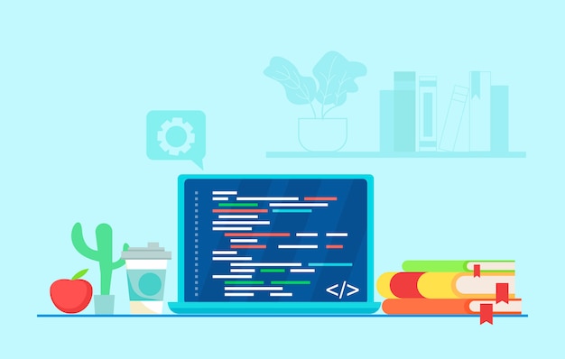 Vector gratuito lugar de trabajo del programador. escribir código en una computadora portátil.