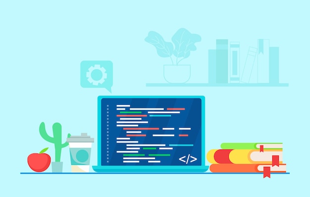 Lugar de trabajo del programador. Escribir código en una computadora portátil.