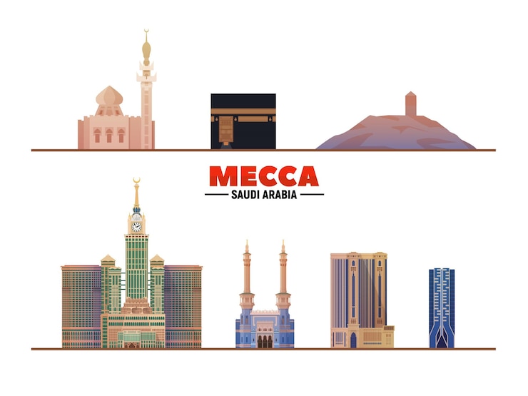 Vector gratuito lugares de interés de la ciudad de la meca arabia saudita en el fondo del cielo ilustración de vector plano concepto de turismo y viajes de negocios con edificios modernos imagen para banner o sitio web