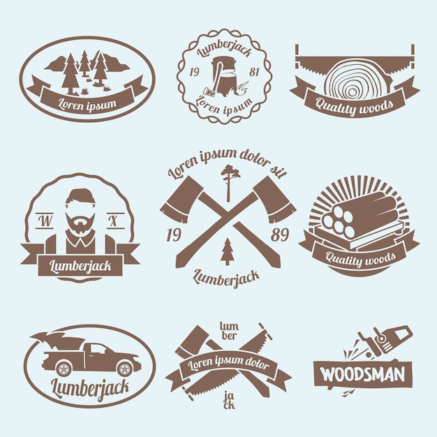 Lumberjack woodcutter conjunto de etiquetas con herramientas de carpintería y materiales aislados ilustración vectorial