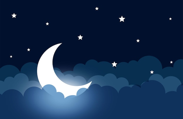 luna brillante y fondo nocturno estrellado con nubes en estilo papercut