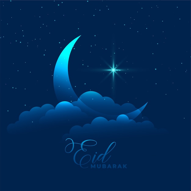 Vector gratuito luna con nube y estrella de eid mubarak de fondo.