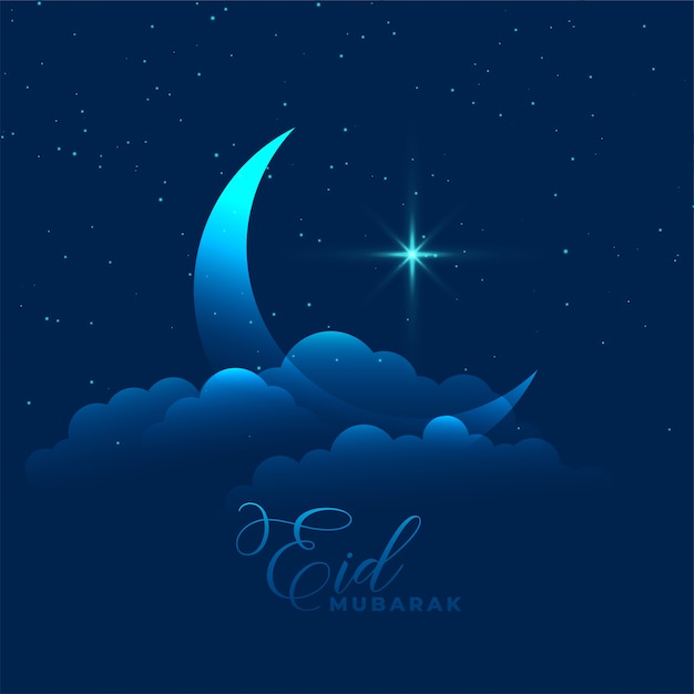Luna con nube y estrella de eid mubarak de fondo.