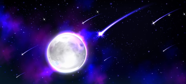 Luna realista en el espacio con estrellas y meteoritos.