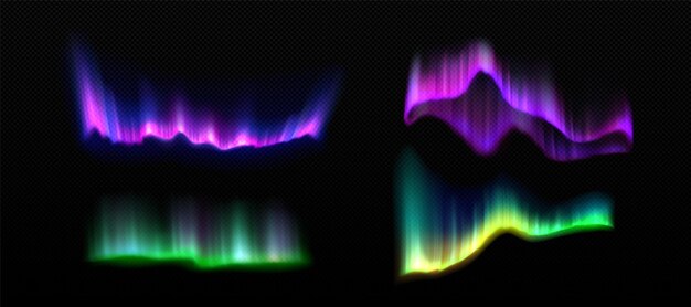 Luz de la aurora boreal polar del norte y noche vector boreal transparente aislado con brillo verde y púrpura conjunto de textura de superposición gráfica de Laponia ilustración de gradiente realista con reflexión de neón