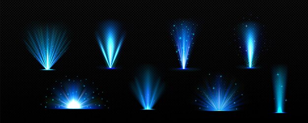 Luz azul explota con efecto vectorial de rayo de luz y brillo Haz de explosión mágica con llamarada y polvo de chispas Energía nocturna milagrosa brillo aislado png Explosión de resplandor festivo iluminado diferente