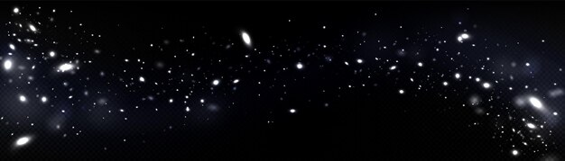 Luz blanca de luciérnaga brilla fluyendo Particula de estrella hechizo superposición en fondo transparente Espacio oscuro Ilustración del efecto vectorial bokeh de la luz de las estrellas fluorescentes aisladas Brillo mágico misterioso
