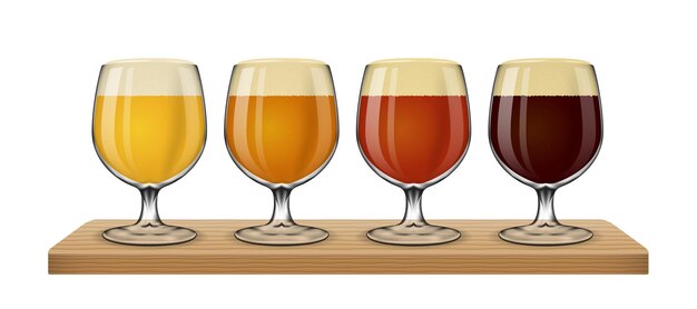 Luz de cerveza sobre fondo blanco. Conjunto de diferentes tipos en la ilustración de vidrio.