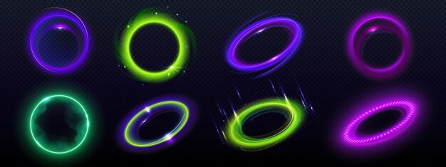Luz eléctrica de neón 3d y efecto vectorial de anillo de halo de bengala Marco de velocidad abstracto con brillo de energía edm sobre fondo negro Forma de vórtice de orbe radial verde y azul púrpura Túnel de movimiento de fibra hermosa
