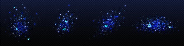 Luz de luciérnaga azul en el efecto vectorial nocturno sobre fondo transparente resplandor de insecto mágico con partículas de brillo y puntos diseño de insecto de verano ilustración de ráfaga flotante textura de superposición de firebug