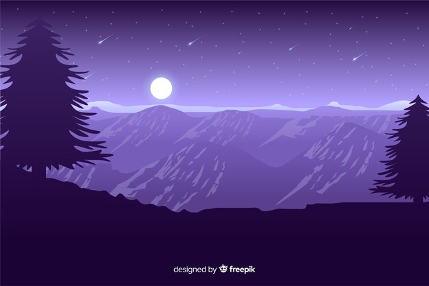 Luz de luna en montañas con estrellas fugaces
