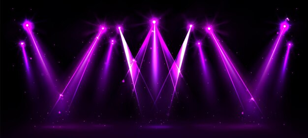 Luz púrpura en el escenario con efecto brillante Ilustración vectorial realista de luces de proyector de concierto o espectáculo sobre fondo negro Ramos y rayos de lámparas brillantes en un club de entretenimiento o festival