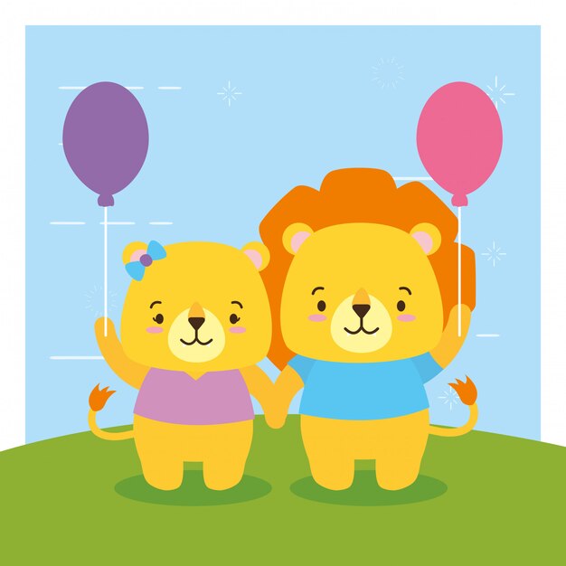 Lyon con globo, animales lindos, plano y estilo de dibujos animados, ilustración