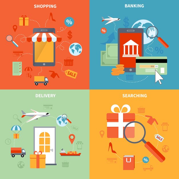 M-commerce y elementos de compras establecidos con la búsqueda de banca y entrega símbolos aislados ilustración vectorial plana