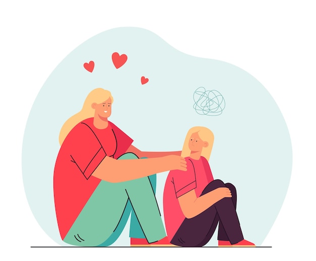 Madre ayudando a su desconcertada hija a hacer frente al problema. ilustración de vector plano de apoyo para padres de niños. paternidad, concepto de relación familiar para banner, diseño de sitio web o página web de destino