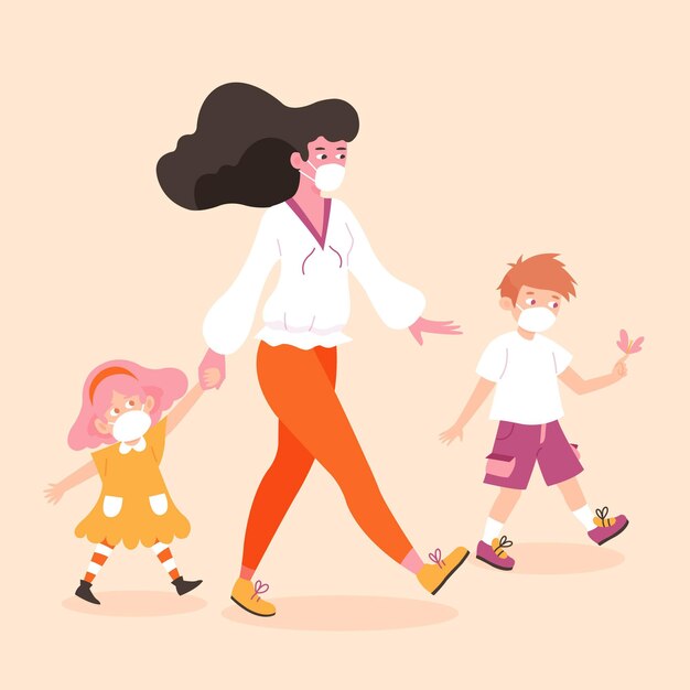 Madre caminando con niños con máscaras médicas