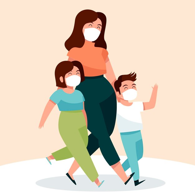 Madre caminando con sus hijos con máscaras médicas