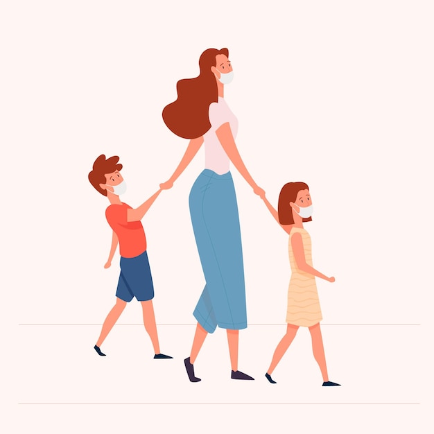 Madre caminando con sus hijos con máscaras médicas