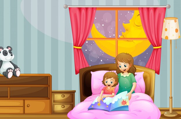 Madre contando cuento antes de dormir por la noche
