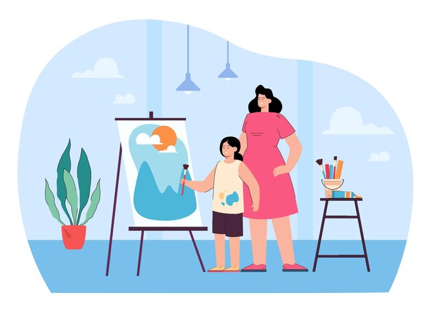 Madre de dibujos animados viendo a la hija dibujando en el caballete. Niño pintando con mujer ilustración plana