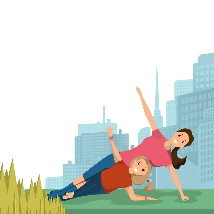 Vector gratuito madre e hija haciendo yoga deporte ciudad parque