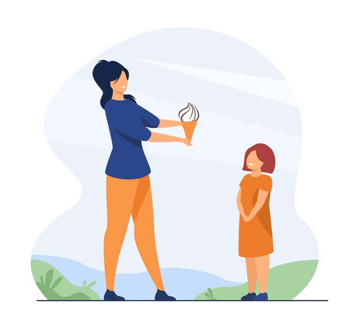 Vector gratuito madre e hijo caminando en el parque. mamá dando helado a hija niño