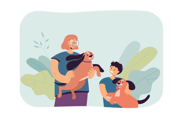Madre e hijo con perros lindos. Padre e hijo pasan tiempo con las mascotas, las acarician y juegan la ilustración vectorial plana. Cuidado de mascotas, concepto familiar para banner, diseño de sitios web o página web de destino