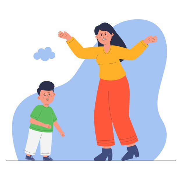 Madre enojada discutiendo con un hijo triste. Padre gritando a un niño molesto, mamá reprochando a un niño ilustración vectorial plana. Familia, concepto de conflicto para banner, diseño de sitio web o página de inicio
