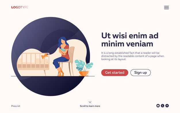 Madre feliz que amamanta a su bebé ilustración plana. Página de destino o plantilla web
