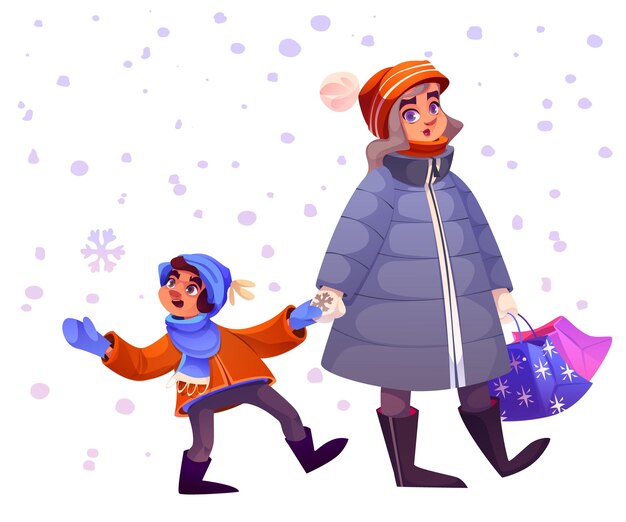 Madre y hijo de dibujos animados disfrutando de una caminata de invierno