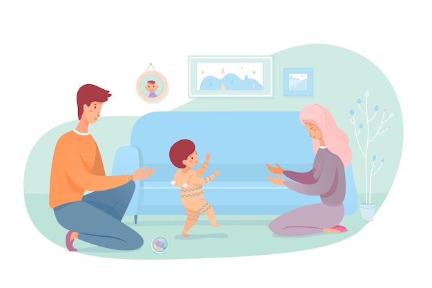 Madre Y Padre Ensenando Al Bebe A Caminar Mama Papa Jugando Con Un Nino Pequeno Vector Premium Madre Y Padre Ensenando Al Bebe A Caminar Mama Papa Jugando Con Un Nino Pequeno Vector Premium