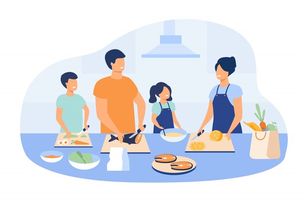 Madre y padre con niños cocinando platos en la cocina