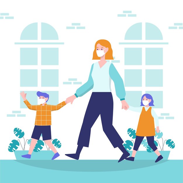 Madre paseando con sus hijos en la ciudad