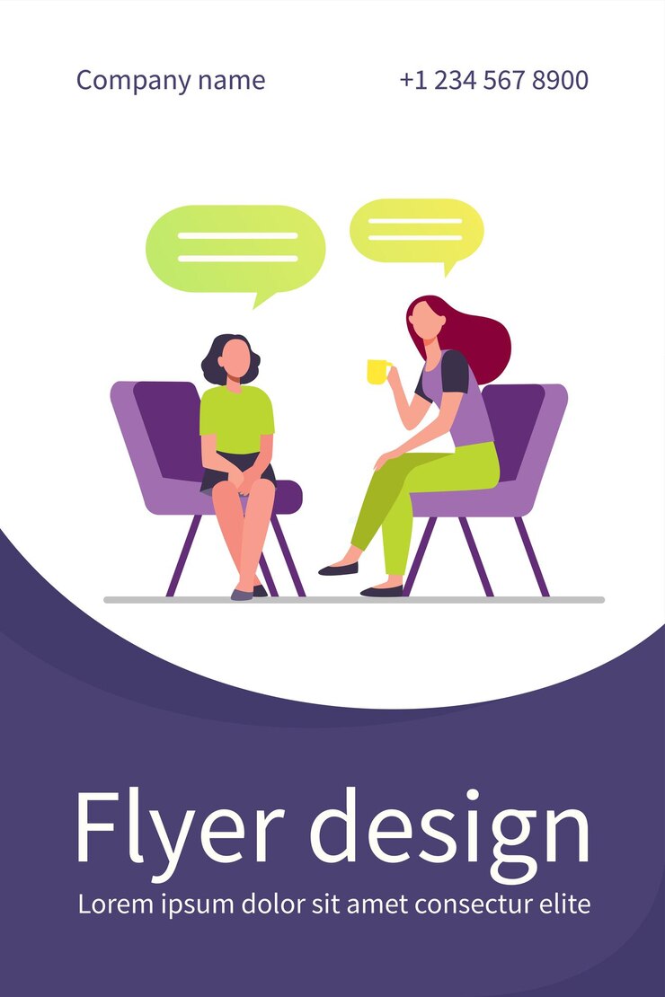 Vector gratuito madre sentada en una silla y hablando con su hija. taza, bocadillo, plantilla de volante plano de conversación