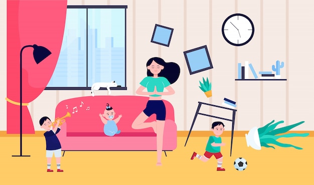 Vector gratuito madre tranquila haciendo yoga entre niños traviesos